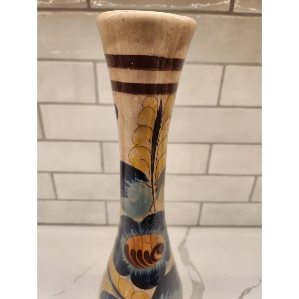 Vtg. Tonala Pottery Vase Hand Painted Mexican Folk Art Flowers Signed 15
